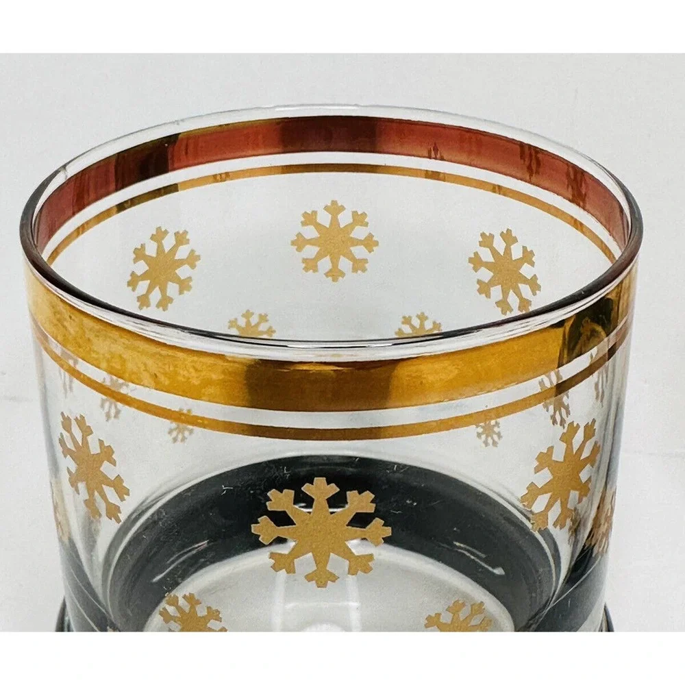 Vtg 3 MCM Rocks Old‎ Fashioned Whiskey Glasses Gold Snowflakes Rim Atomic Bottom